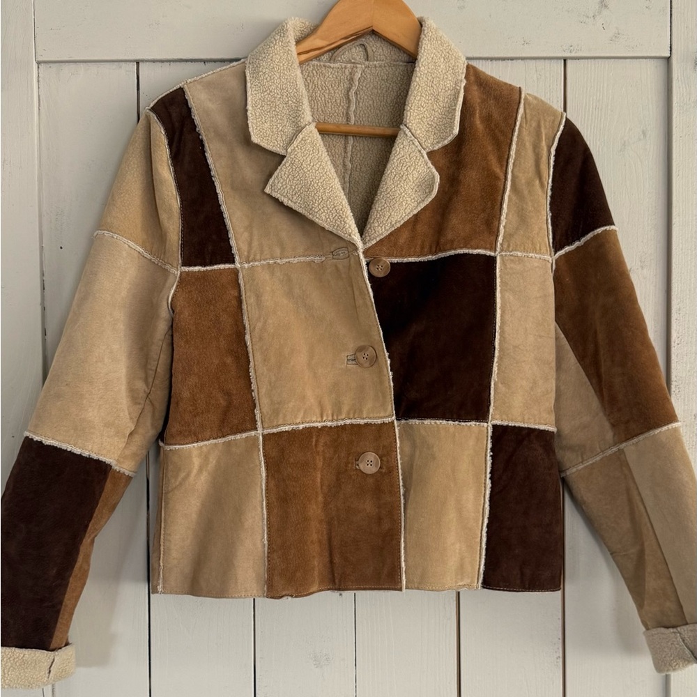 Patchwork Suede Shearling Jacket - Brown/Tan